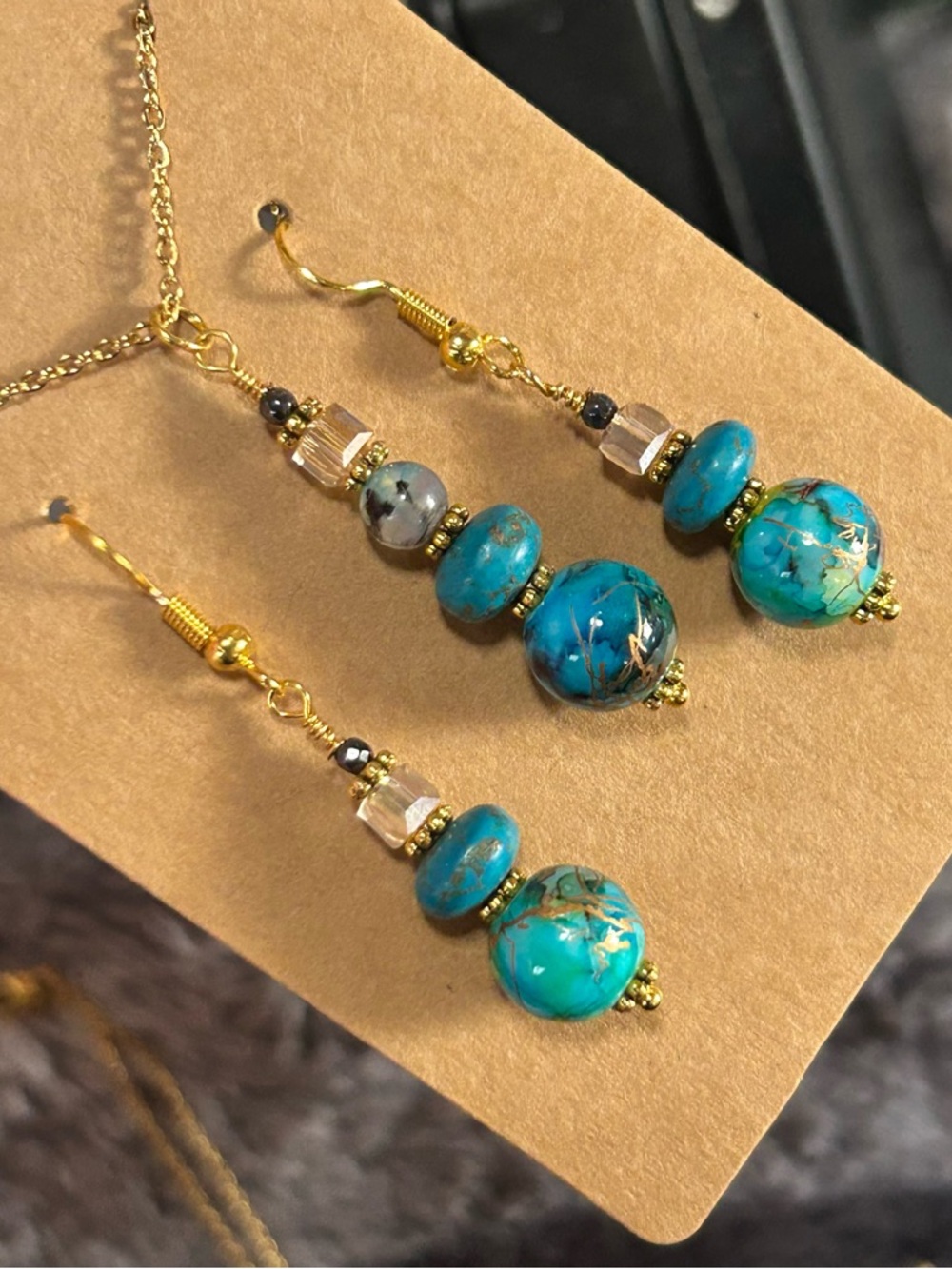Handcrafted art glass dragon vein turquoise crystal necklace and earring set